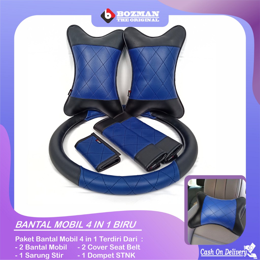 Set Bantal Mobil 4In1 Biru Premium Bantal Mobil Sarung Stir Cover Seatbelt Dompet STNK