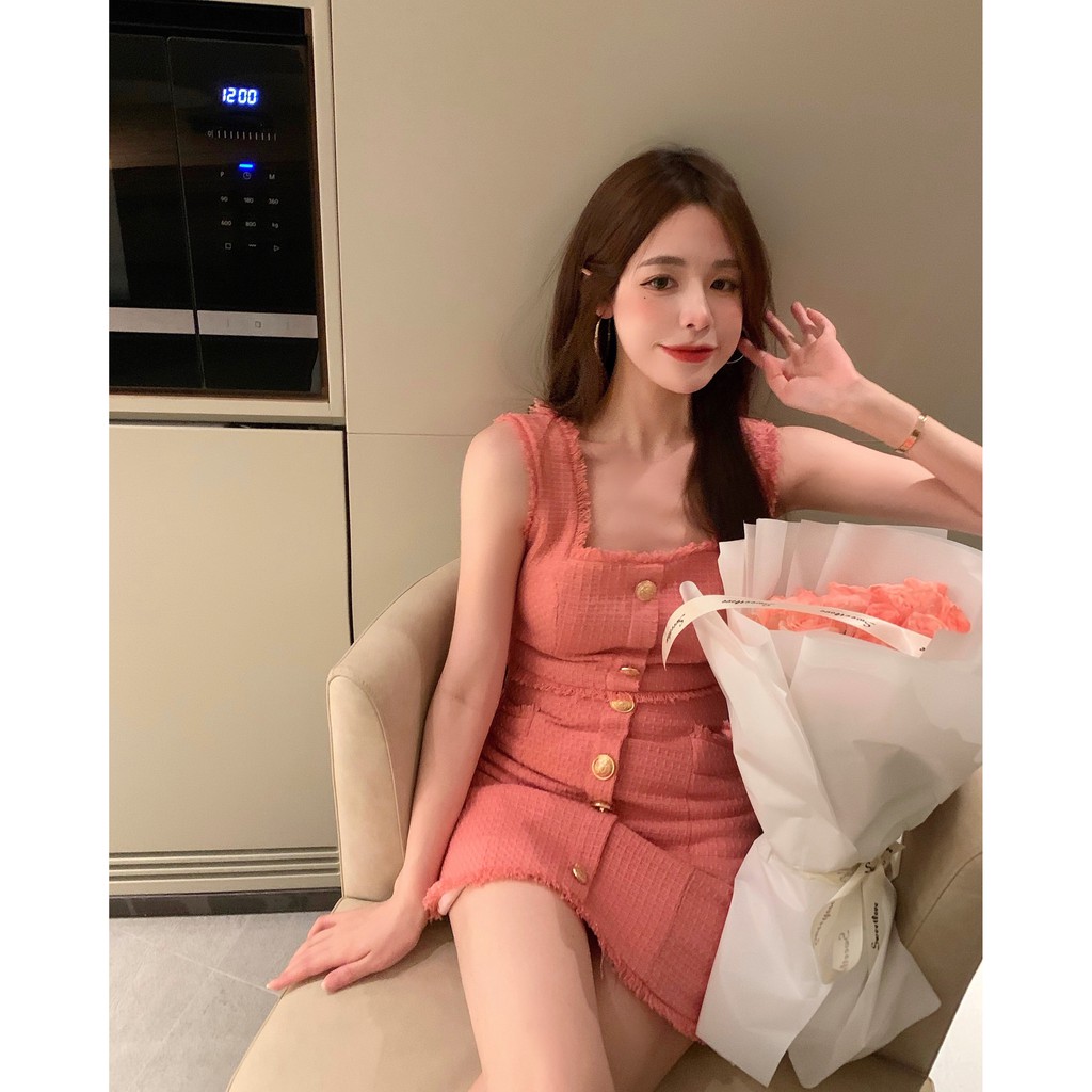 Suhao Musim Panas Baru Imperial Suster Xiao Fragrance Chic Set Perancis Retro Xiao Zhong Tea Break Balon Bunga String Dress