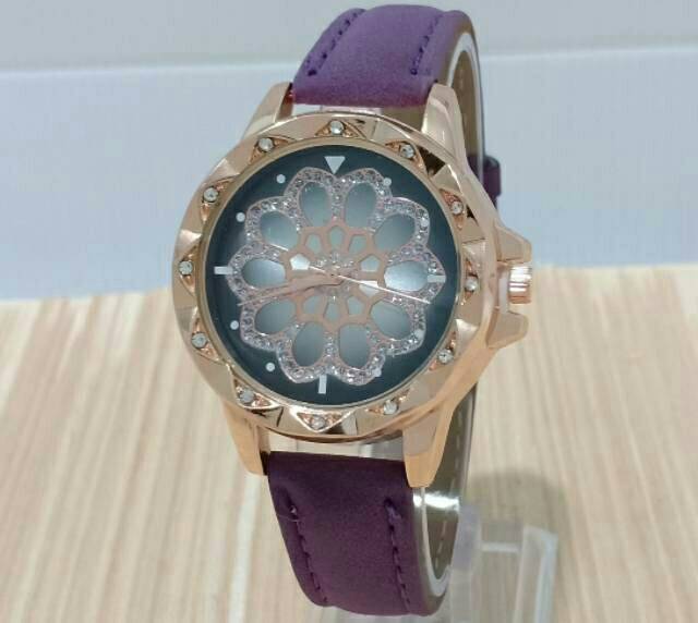 Jam Tangan Wanita Kulit Plat Bunga Diamond