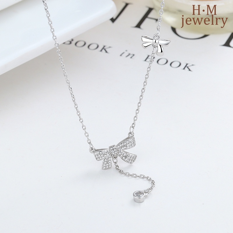 Kalung Rantai Sterling Silver 925 Dengan Liontin Pita Hias Berlian Imitasi Untuk Wanita