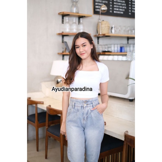 SQUARE CROP TOP DOUBLE LAYER SABRINA BLOUSE ATASAN WANITA