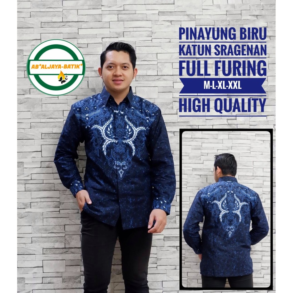 PINAYUNG BIRU Kemeja Batik Pria Lengan Panjang Katun Halus FULL FURING Batik Aljaya