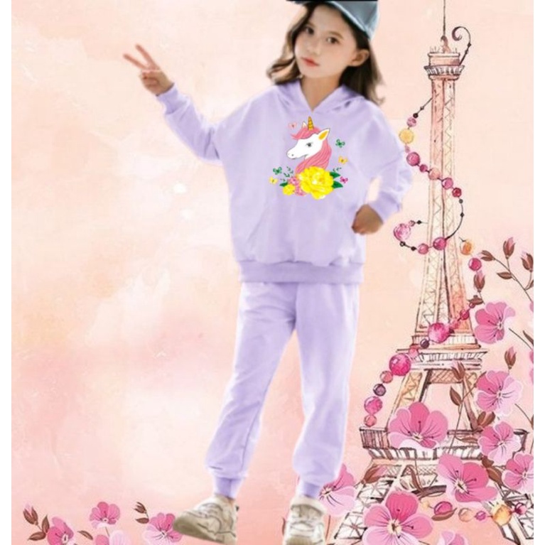 Setelan Sweater Hoodie Anak Perempuan Lengan panjang dan Celana panjang Terbaru 2022 Stelan Anak Cewek Kekinian Murah Korea Style Size S 4 5 6 Tahun M 7 8 9 Tahun XL 10 11 12 Tahun Unicorn