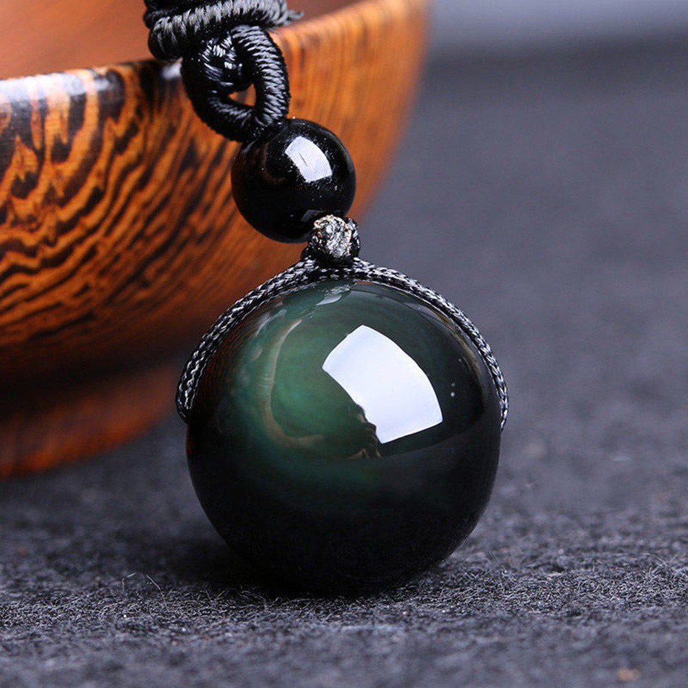 Kalung Wanita Dan Pria Kristal Alami Hitam Obsidian Rainbow Eye Beads