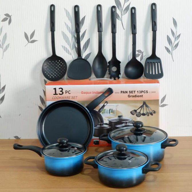 Cookware Set 13 Pcs - Panci Set Spatula Teflon All In One - Biru Muda Funan.Digitalife