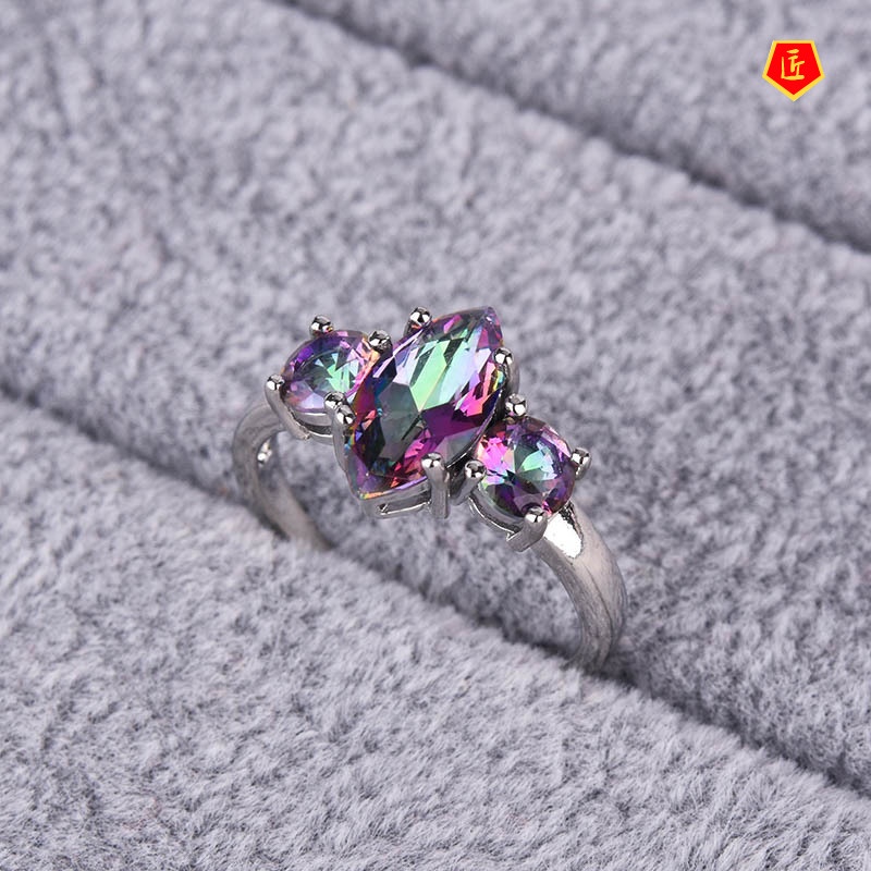 [Ready Stock]Creative Vintage Inlaid Rainbow Color Topaz Ring