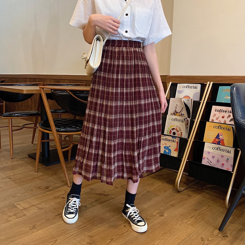 2022 musim panas Versi Korea Retro kisi garis Pinggang tinggi longgar Rok serba cocok