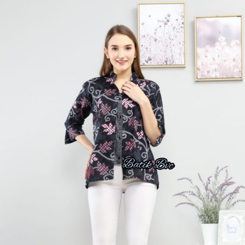 tey-17 Batik wanita ASJ SA HRB026 Kenongo Kemeja Tosca Pendek-Bol kembang alm mrun