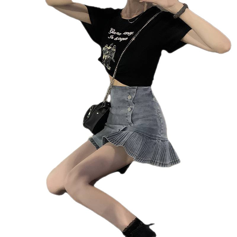#Sisjuly# Ruffled Pinggang Tinggi Panas Gadis Denim Rok Wanita Anti Eksposur Lipit Group Rok Lengan Pendek Dua