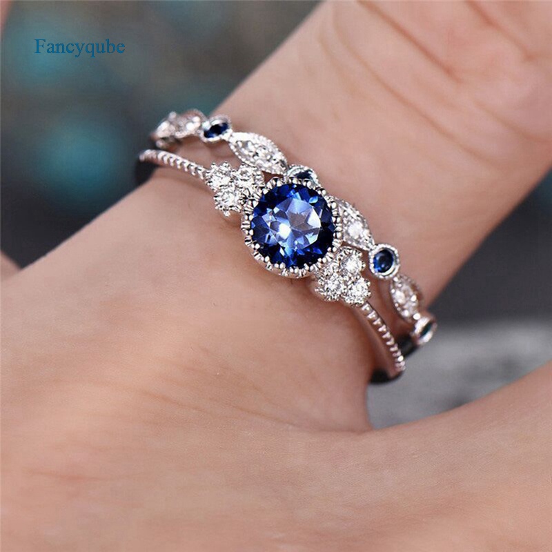 Fancyqube 2pcs / Set Cincin Sterling Silver 925 Hias Batu Permata Sapphire Ukuran 5 6 7 8 9 10 11 Untuk Wanita