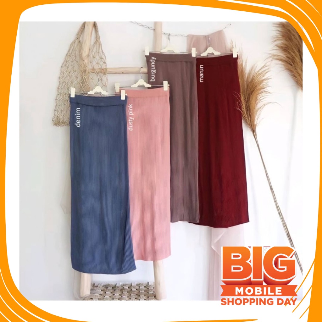 Plisket Jins Dnim MEkar biru merah hitam kuning hijau putih abu /  CoD - Rok Span Rajut - Rok Rajut 