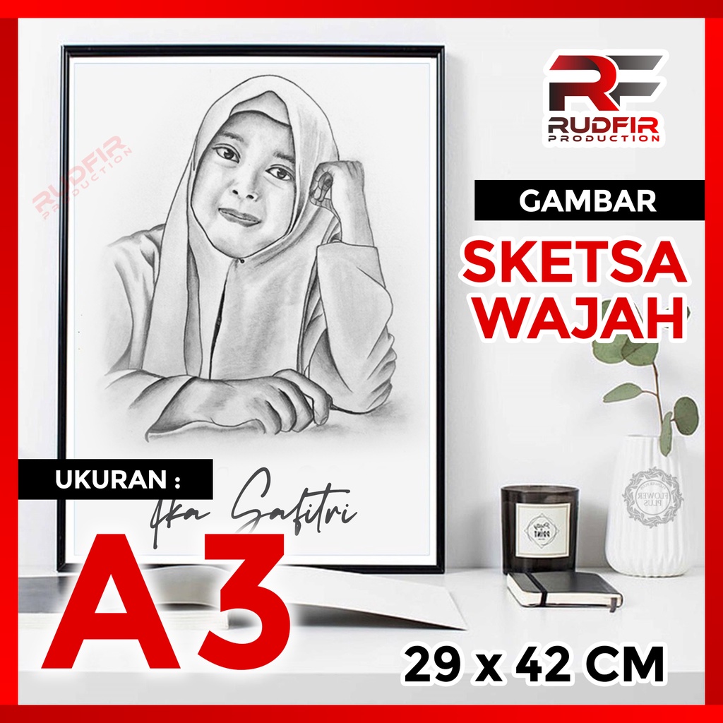 (A3 FREE Frame Bingkai) Gambar Sketsa dan Karikatur wajah Lukis Murah Hadiah Souvenir Ulang Tahun Ul