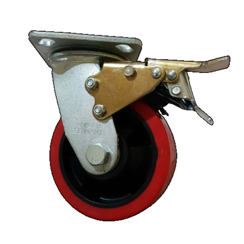 Roda Caster / Troly / Troli PU Merah 8" Inch Heavy Duty Rem ( Swivel Brake ) Ranger Germany
