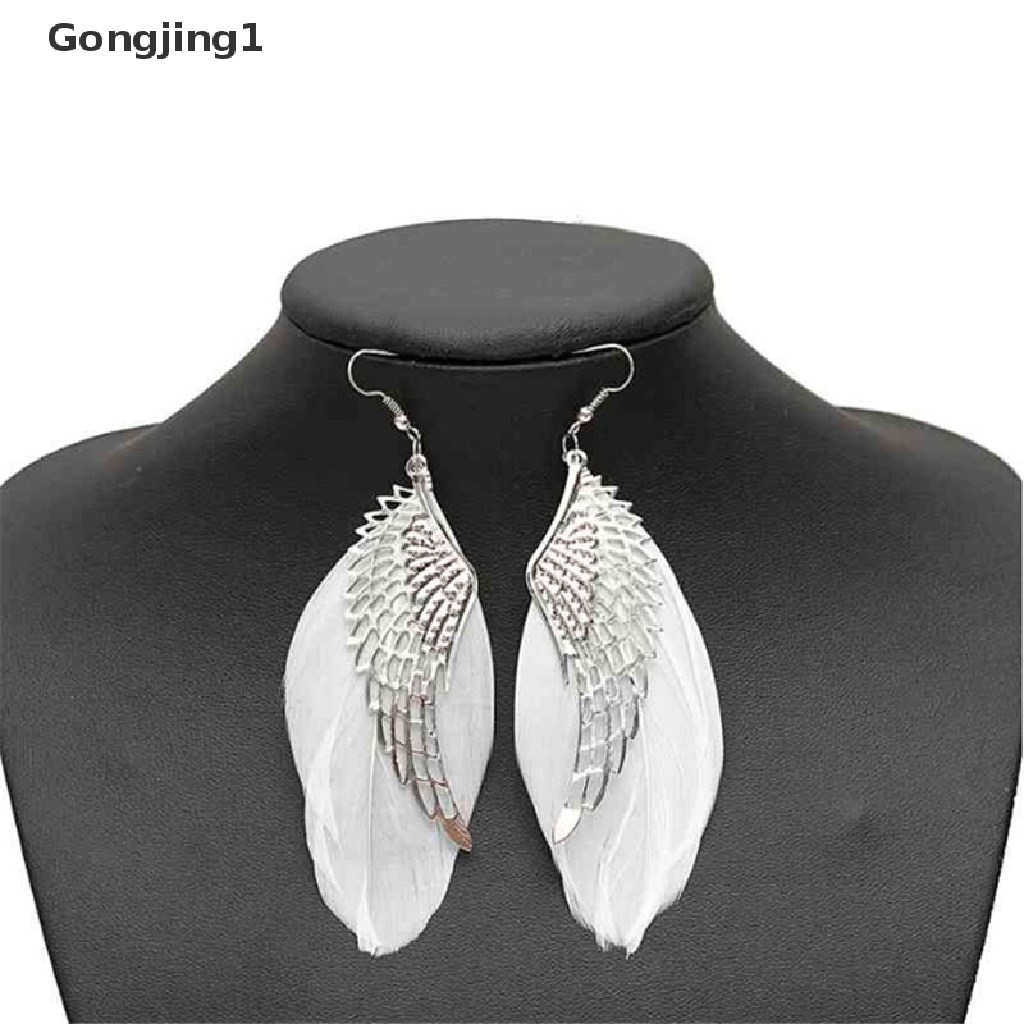 Gongjing1 Anting Gantung Panjang Kait Motif Sayap Malaikat + Bulu Putih Untuk Perhiasan Wanita