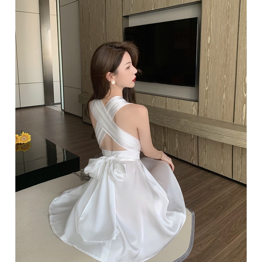 Suhao Superfine Rok Pendek Gaya Perancis Musim Panas Gaya Baru Off-Sleeve Strap Neck V-Neck Gaun Pinggang Tanpa Lengan Wanita