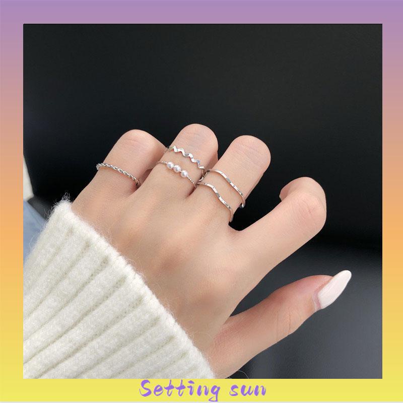 5 pcs Cincin Set Fashion Aksen Berlian Imitasi Mutiara Untuk Wanita TN