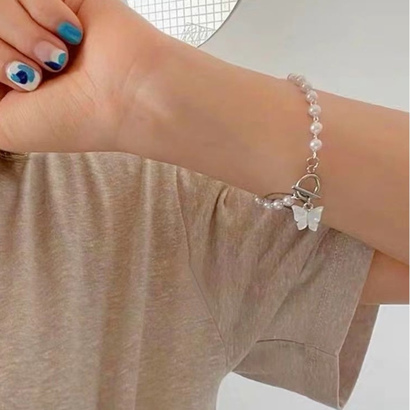 Magic789 Gelang Rantai Silver Vintage Dengan Charm Kupu-Kupu + Mutiara Untuk Wanita