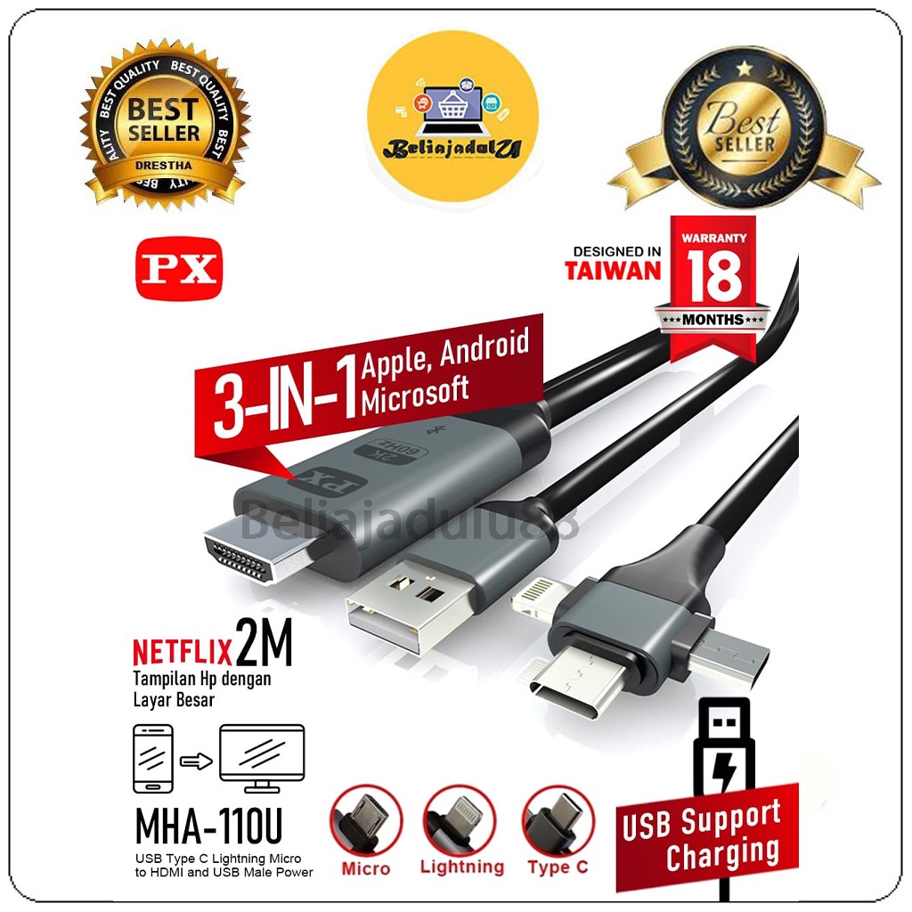 Beliajadulu88 Kabel MHL HDMI to micro type C lightning to TV IOS android PX MHA 110U