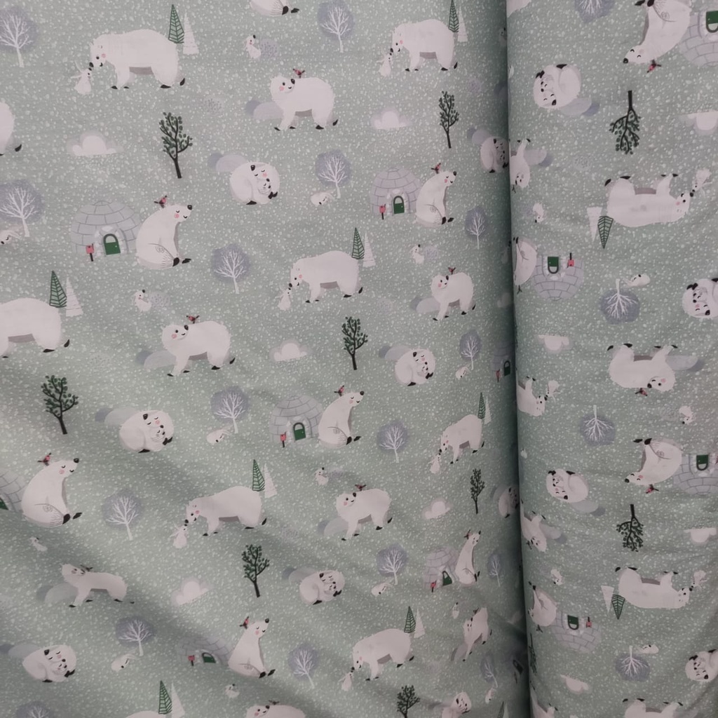 KAINKU - Kain Meteran Katun Lokal CVC motif bear cold tosca &amp; blue (harga 1 meter)