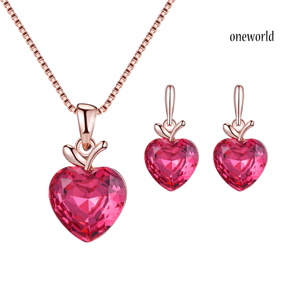 OW@ Heart Shape Rhinestone Pendant Necklace Ear Stud Earrings Women Jewelry Set