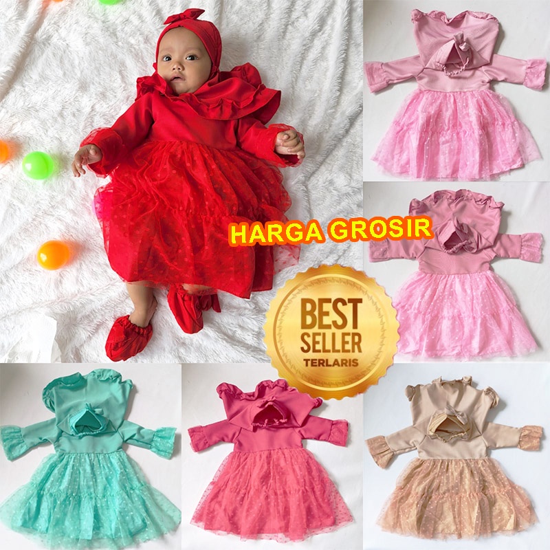 GROSIR Gamis Bayi Perempuan 6 12 Bulan Set Baju Muslim Baby Gamis Anak Warna Pink Bahan Adem Set Kerudung Terbaru 2022 KA127