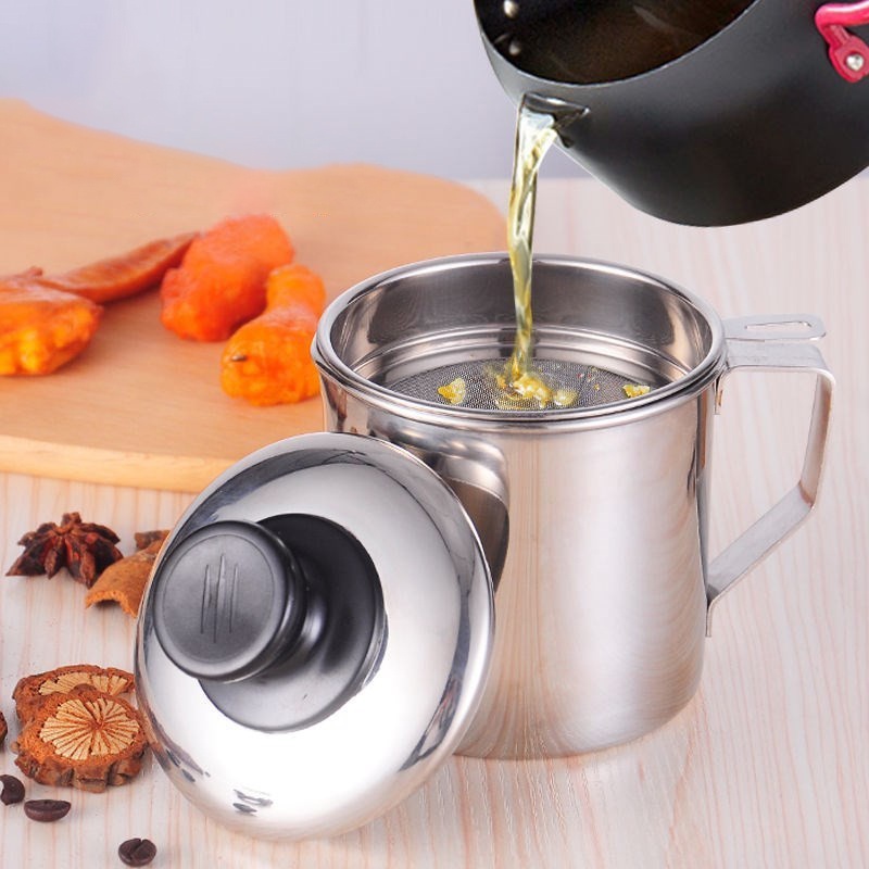 Saringan Minyak Goreng Jelantah Bekas Sisa Gorengan Cangkir / Mug Stenlis / Oil Pot Stainless Steel 1.2 L