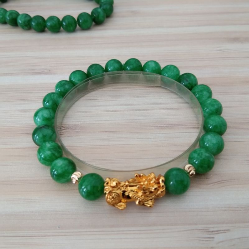 18k...Gelang Batu Giok Natural Pixiu Mas