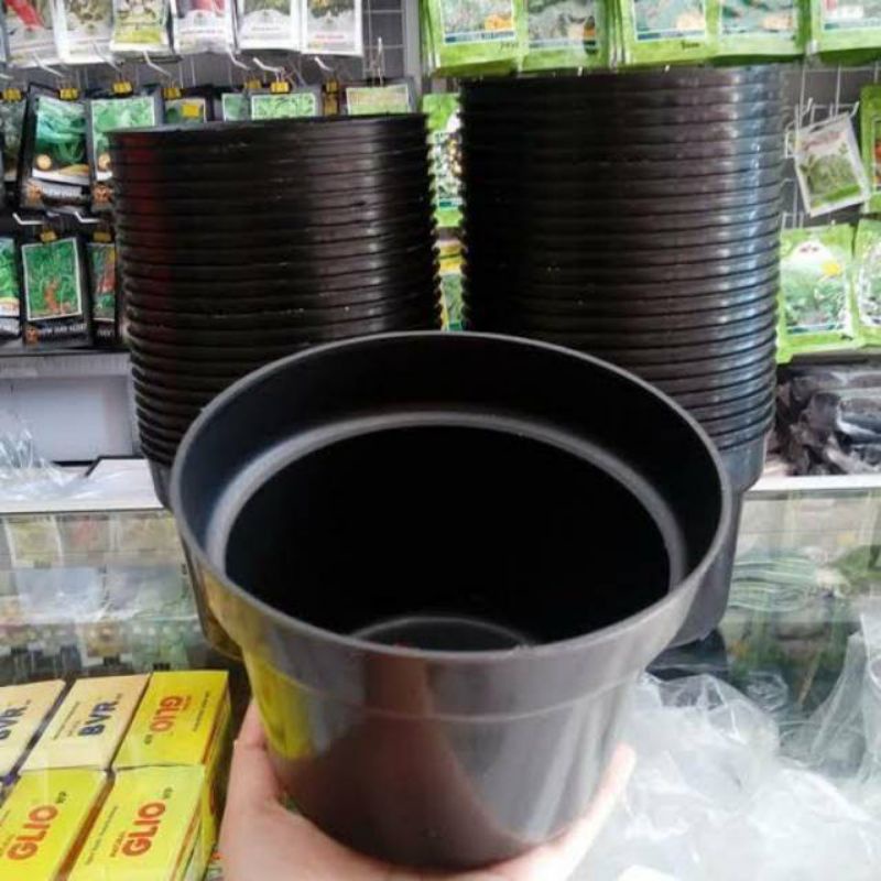 Pot bunga plastik hitam tebal 15cm