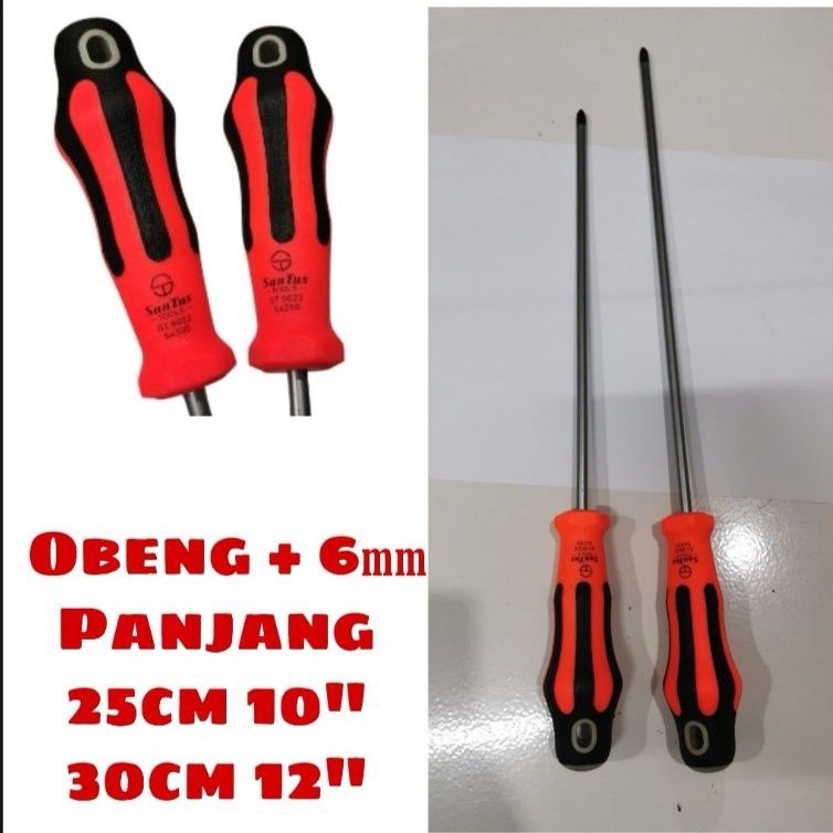 Obeng PLUS + SANTUS 9022 6&quot; 5&quot; 4&quot; 3&quot; obeng panjang 10cm 20cm 25cm 30cm ujung magnet