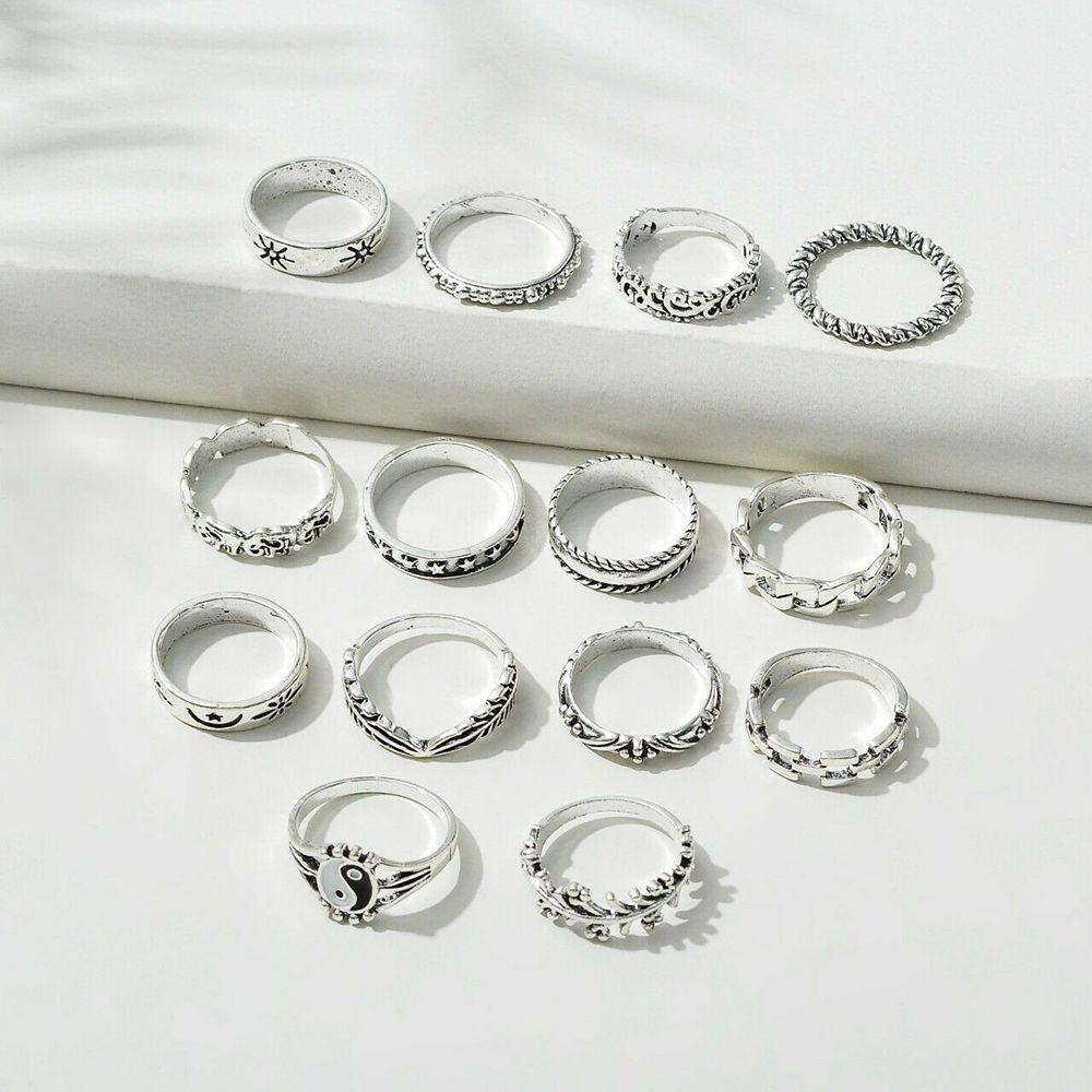 R-flower Yin Yang Set Cincin Buku Jari Perhiasan Bulu Gajah Warna Silver Vintage Punk