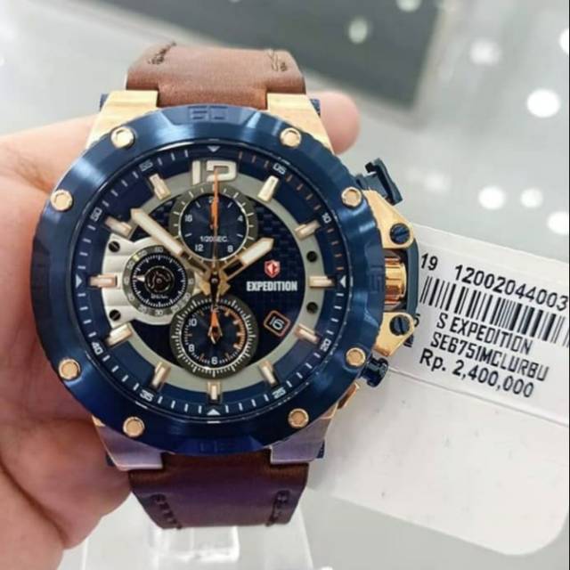 RARE Jam Tangan Pria Expedition E 6751 e6751 6751m Rosegold Blue Brown Leather Original 46mm