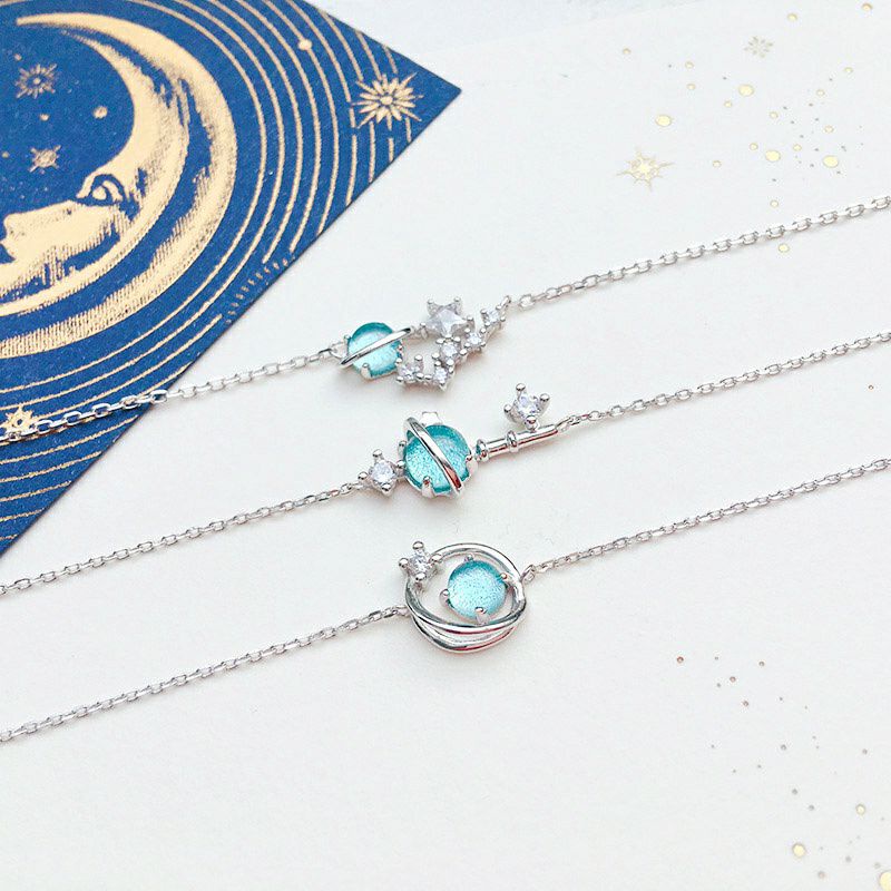 ~ PIYOSHI08 ~ Kalung / Gelang Fashion Chain Necklace Bracelet Blue / Pink Chrystal Planet Pendant AF135