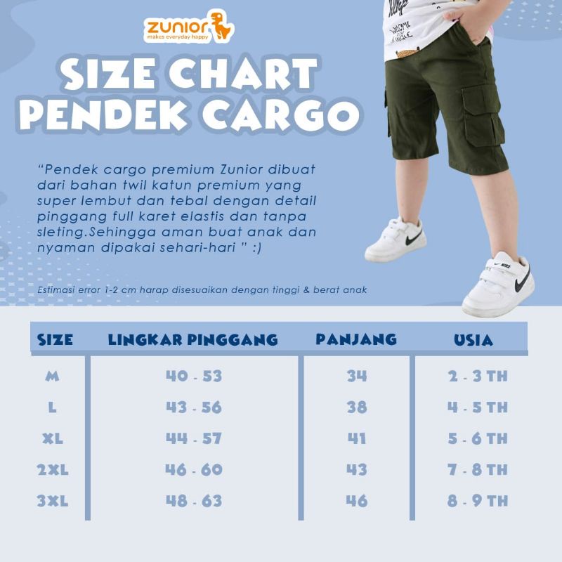 Celana Anak Pendek Cargo Laki-Laki dan Perempuan Zunior Premium 6 Warna 2-12 Tahun