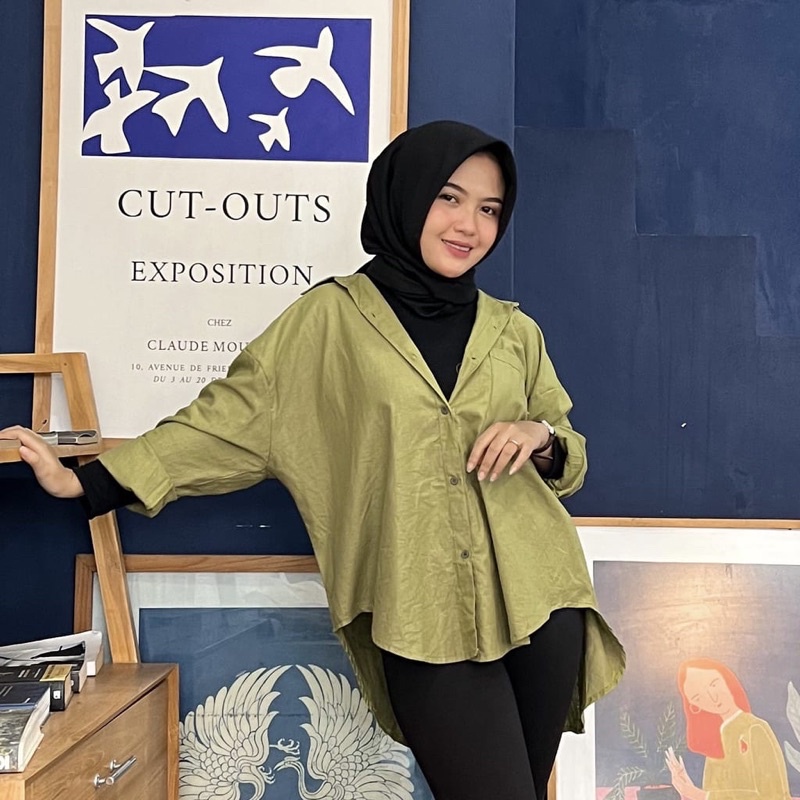 Kemeja basic wanita oversize bahan linen polos / olivia shirt korea