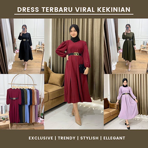 Dress Wanita Polos Kondangan Kekinian Terbaru 2022 Baju Gamis Muslim Lengan Karet Bahan Moscrepe Pre