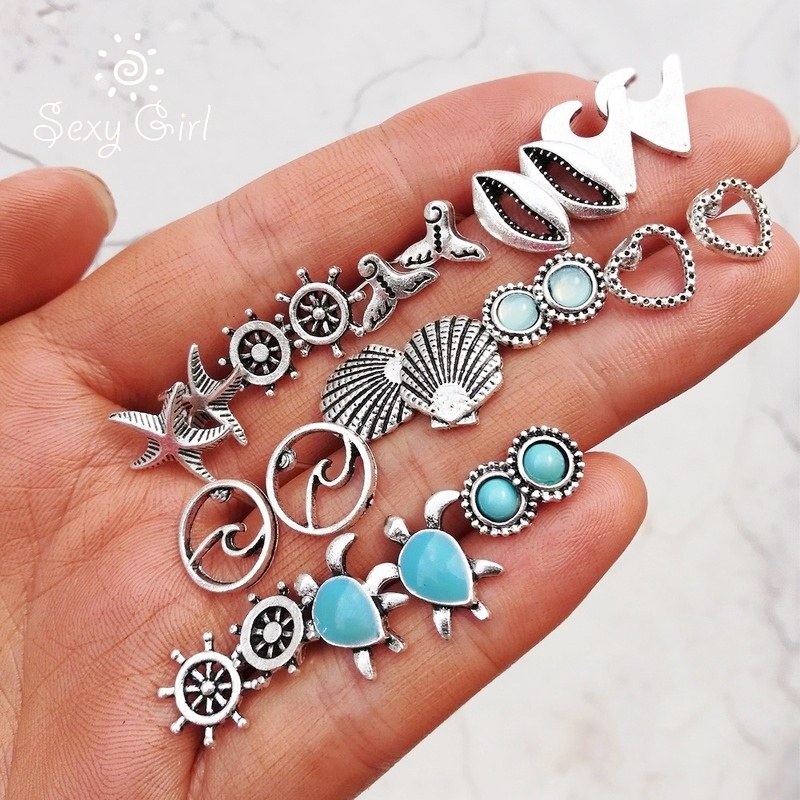 12 Pasang / Set Anting Tusuk Retro Boho Bentuk Kurakura / Bintang Laut / Kerang Untuk Wanita