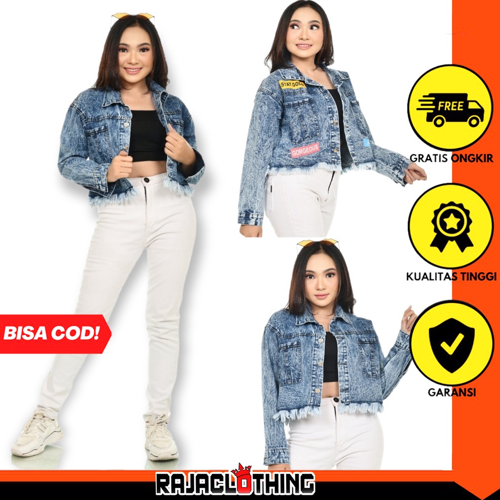 RCL - Jaket Jeans Crop Sobek Rawis / Jacket Lepis Body Pendek Snowblue Rumbai / Jaket Denim Snow Blue