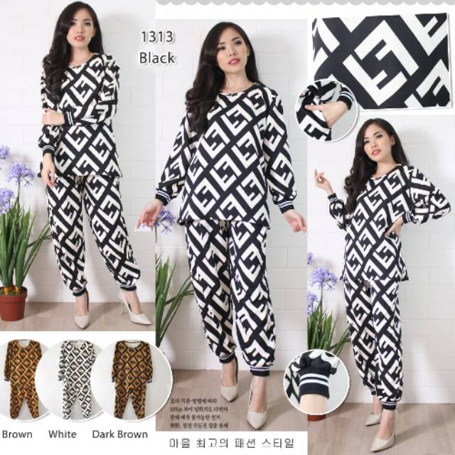 Setelan Set Wanita Training Jogger Scuba Premium Motif Branded FF 1313#