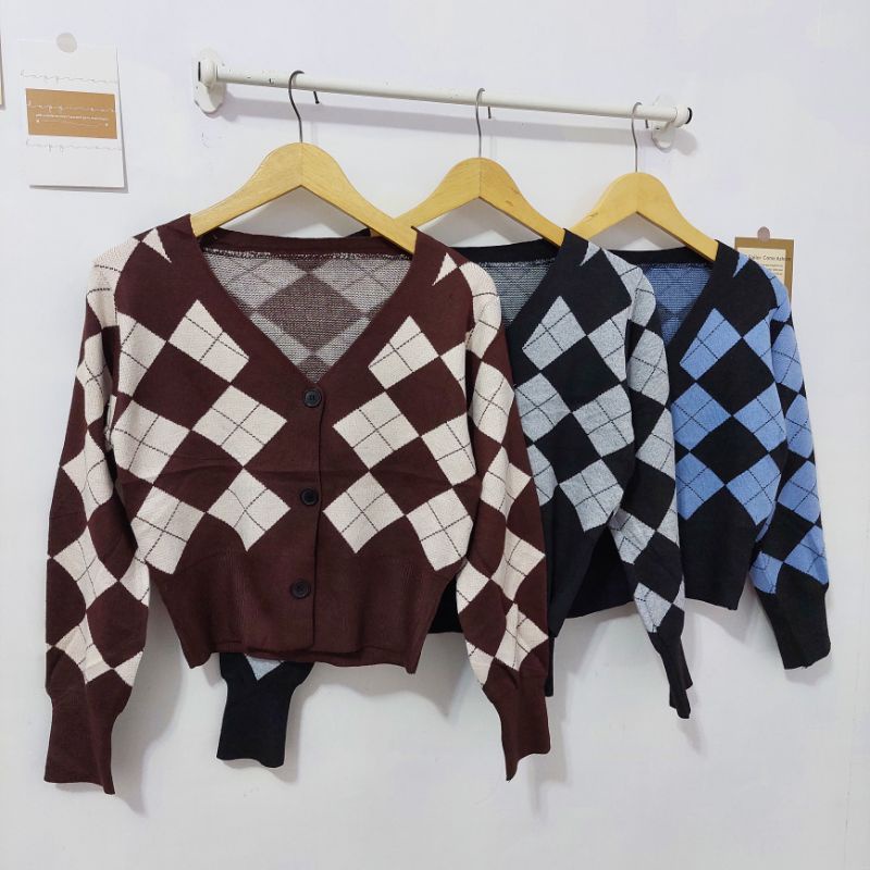【BISA COD】Argyle V-Neck Longsleeve Knit Cardigan Korean Style Outer kardigan cewek ketupat lengan panjang rajut import-6