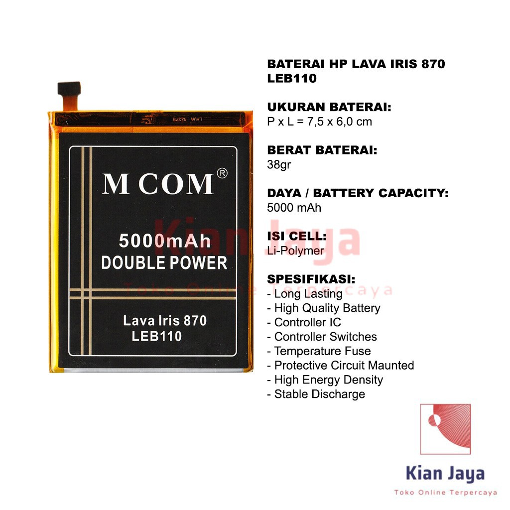 MCOM Baterai Hp LAVA Iris 870 / LEB110 Original Double Power Batre Batrai Battery Ori