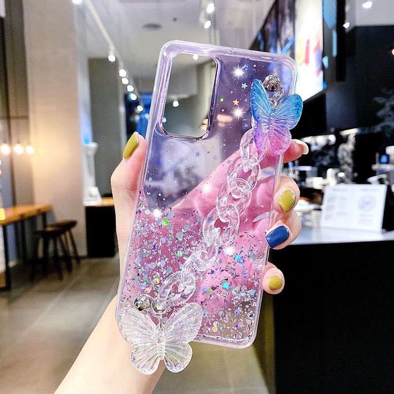 Glitter Case Chain ButterFly iPhone Oppo Vivo Xiaomi Samsung Realme 3 5 6 7 8 Pro A74 A54 Y11 10 11