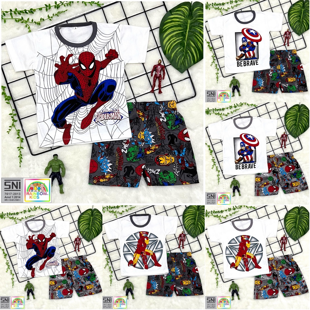 RAINBOW SETELAN / SET BAJU ANAK COWOK 1- 7 TAHUN KOMBINASI SUPERHERO PENDEK