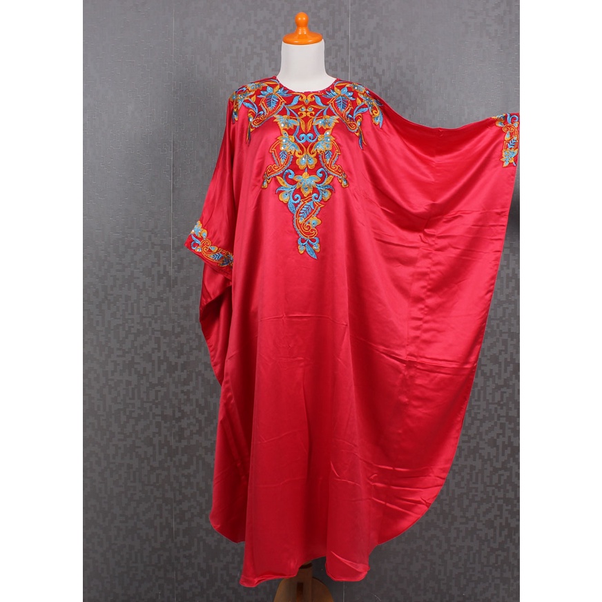 Dress Kaftan Wanita terbaru Bordir Bahan Satin PREMIUM Murah Warna Hitam Merah Pink Cantik untuk kaftan Lebaran Pesta Kondangan mewah