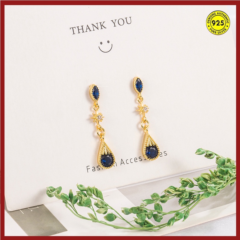 Anting Tusuk Lapis Emas 18K Hias Berlian Biru Gaya Vintage Untuk Wanita