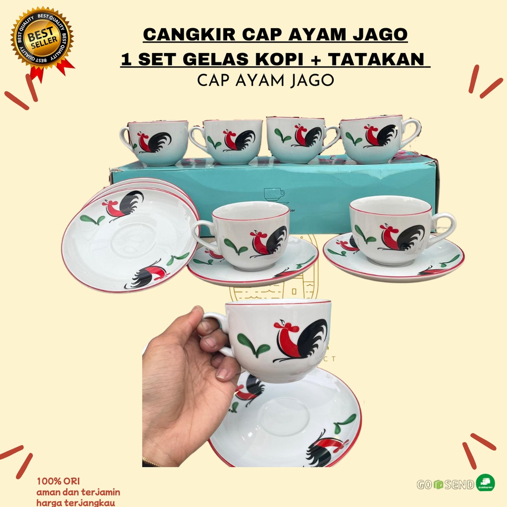 NEW!! CANGKIR + TATAK 1 SET CAP AYAM JAGO @6PC / GELAS KOPI