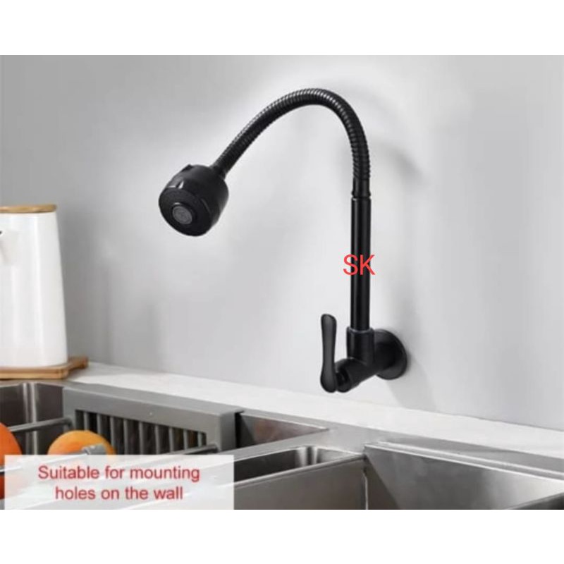 Kran air sink Tembok Fleksibel Stainless HITAM  - Keran air dapur Cuci Piring Flexible Engkol minimalis 2 in1 BLACK