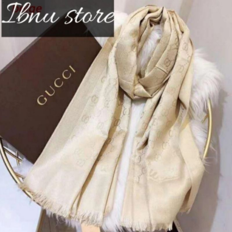 PASHMINA MOTIF GUCCI  || SYAL GLITER GUCCI || SLENDANG || PASHMINA || SHAWL || SELENDANG-Cream