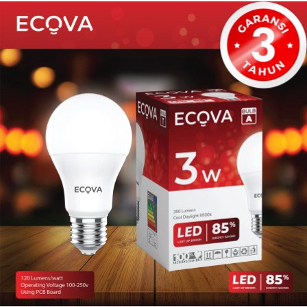 ECOVA Lampu LED Bohlam 3W 3Watt 3 Watt Putih E27 Bulb A GARANSI