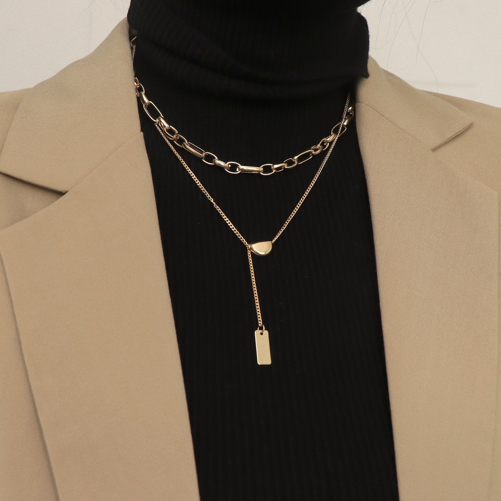 Kalung Rantai Model Lapis Ganda Bahan Logam Gaya retro Serbaguna Untuk Aksesoris sweater