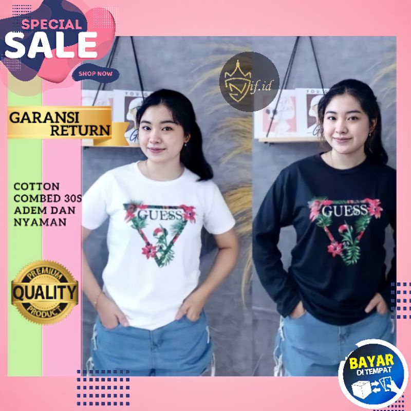 Baju Kaos Atasan Wanita Lengan Tangan Panjang Pendek Cewek Cewe Remaja Dewasa Abg Guess Flower Hitam